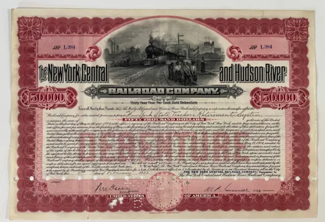 1933 $50,000  New York Central & Hudson River Railroad Bond Stock Certificate