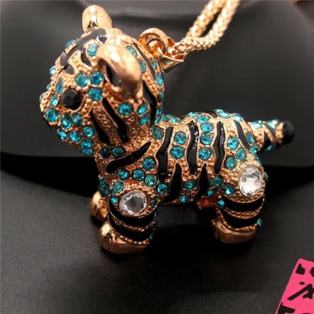 Betsey Johnson Rhinestone Blue Lovely Tiger Crystal Pendant Chain Necklace