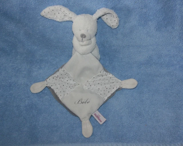 Pommette Doudou Lapin Blanc Mouchoir Blanc Gris Pois Bebe Tres Bon Etat