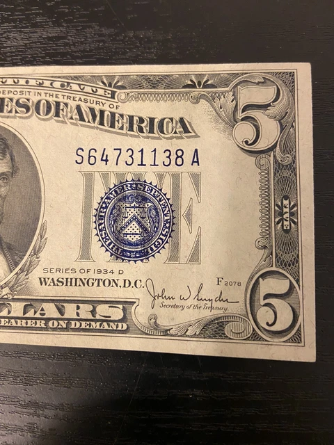 Series 1934 D $5 Five Dollar Silver Certificate Blue Seal   F 2078 6