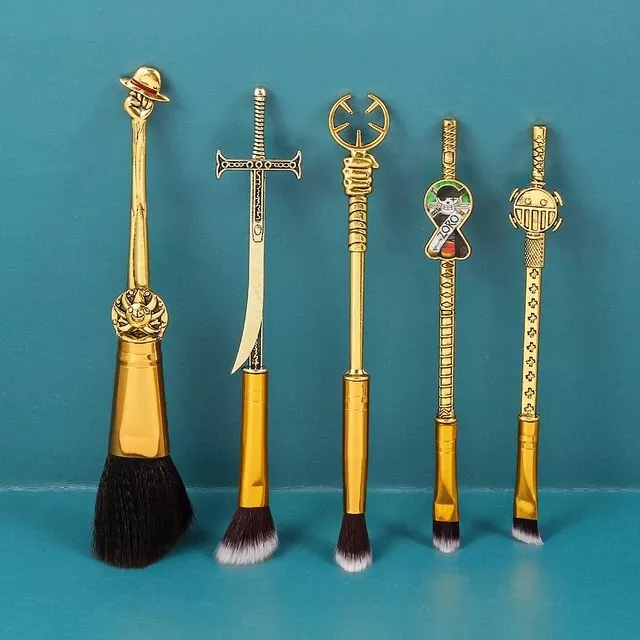 Anime One Piece Makeup Brush 5pc Set Zoro Luffy Beauty Golden Brushes w/ Pouch