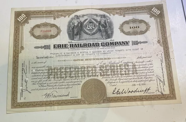 1958 ERIE RAILROAD Co. STOCK CERTIFICATE. Brown