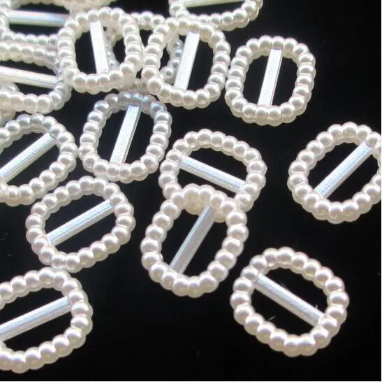 100Pcs White Mini Pearl Square Buckles Invitation Ribbon Slider DIY Craft Accs
