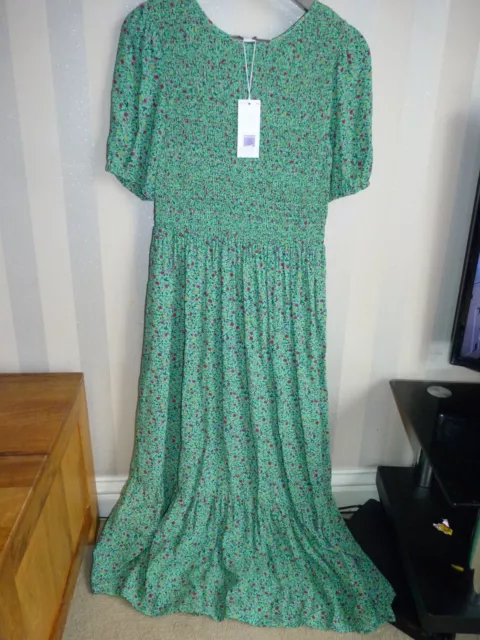 Marks & Spencer X GHOST Size 8 GREEN RED MIDI DITSY FLORAL Shirred TEA DRESS