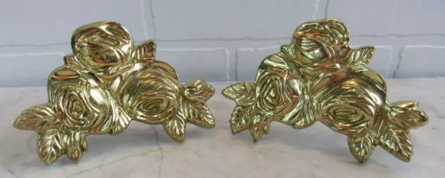 Vintage Pair Brass Rose Curtain Tiebacks Wall Hooks Robe Towel Flower Floral Set