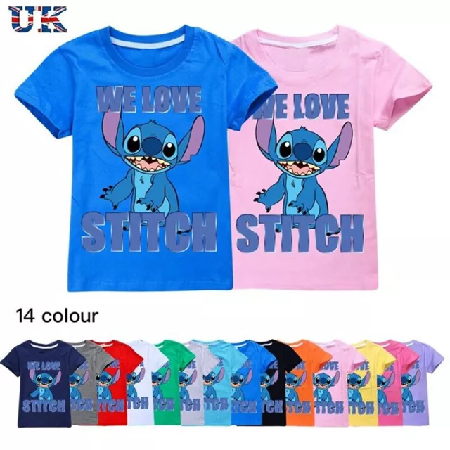 Kids Lilo & Stitch Print Casual Short Sleeve T-Shirt Boys Girls Cotton Tops Tees