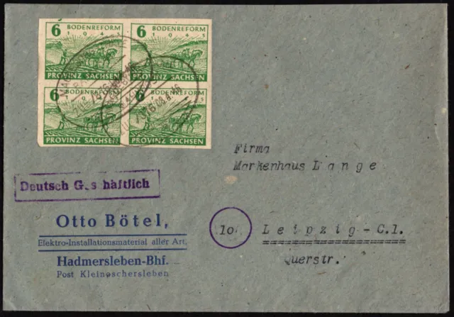 SBZ Provinz Sachsen, 1946, Firmenbrief aus Hadmersleben-Bhf. nach Leipzig, MeF.