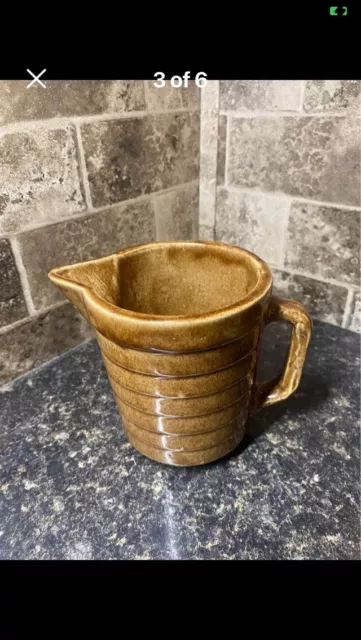 Vintage Monmouth Pottery Dark Brown Glaze Ribbed Water Milk Batter Pitcher USA 3