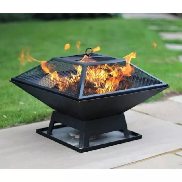 Square Fire Pit With BBQ Grill & Poker Outdoor Garden Heater Patio Decor Brazier