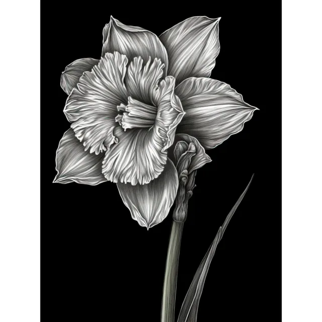 Daffodil Flower Black and White Pencil Drawing XL Wall Art Canvas Poster Print