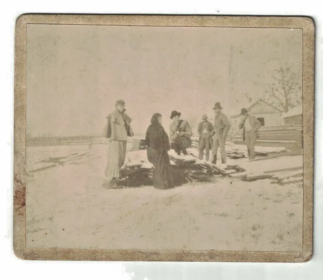 Old Card Photograph Journalist 2 Women 4 Men Winter Rural Snow Wood Fences Barn