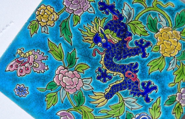 Great asian DRAGON Butterfly Art Nouveau Tile Jugendstil Fliese Carreau France 3