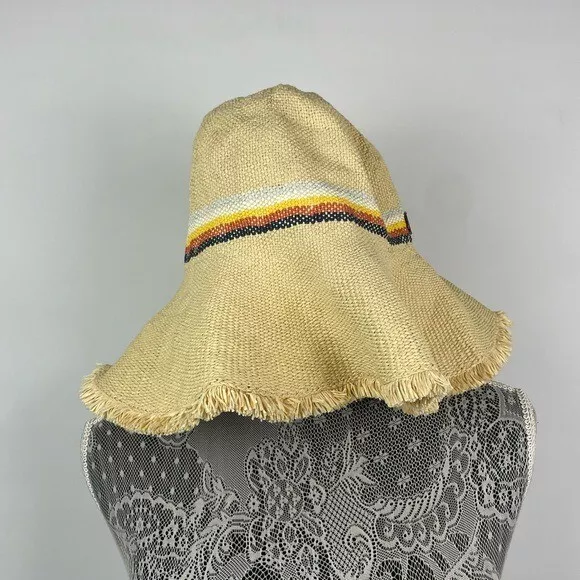 Rip Curl Yellow Woven Paper Straw Floppy Sun Hat with Retro Stripes SIZE S