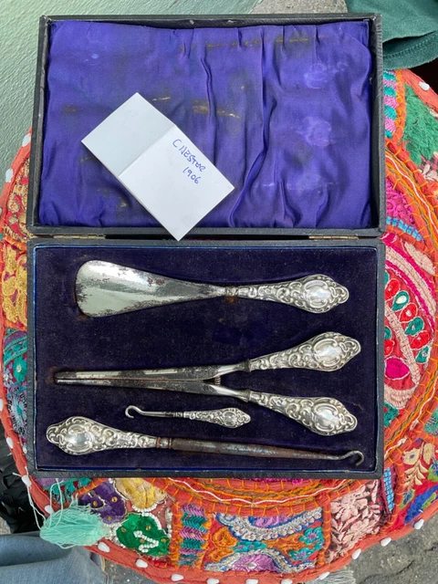 Antique Cased 4 Piece Set Shoe Horn, Glove Stretcher & Button Hooks Silver&Steel