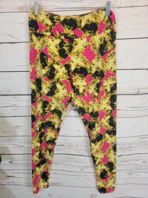 LuLaRoe Pink Yellow Black Crazy Cat Face Print Leggings Women's Tall & Curvy