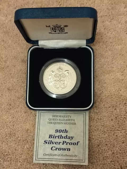 1990 QUEEN ELIZABETH, QUEEN MOTHER 90th BIRTHDAY SILVER PROOF £5 CROWN BOX + COA