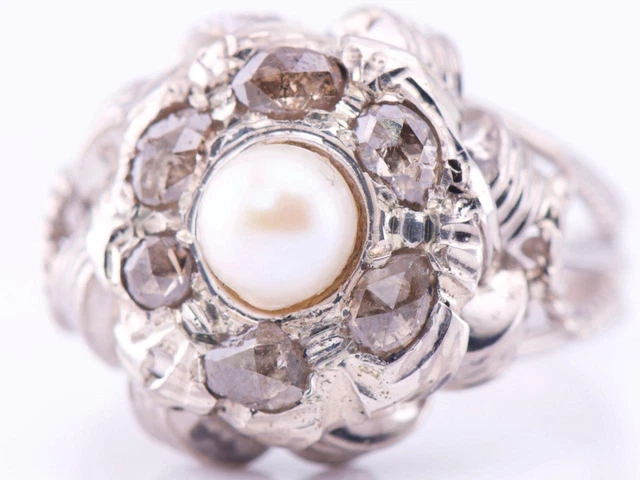 Antique Francese Donna Anello Art-Deco Platino 1ct Diamante Perla Fatto a Mano