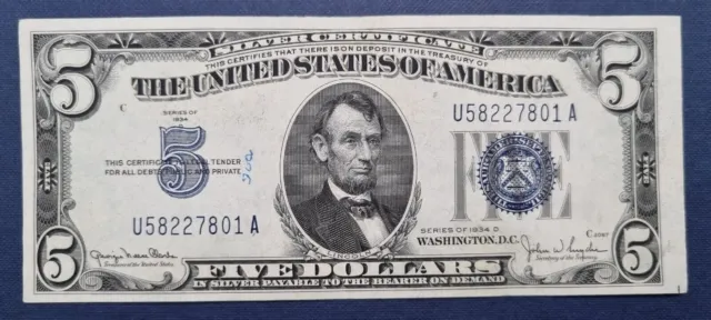1934 D Five Dollar Silver Certificate Note $5 Bill Blue Seal Better Grade #58075