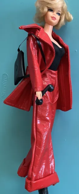 VINTAGE BARBIE CLONE Mod Red Faux Leather Vinyl Suit Bells, Purse Phone ...