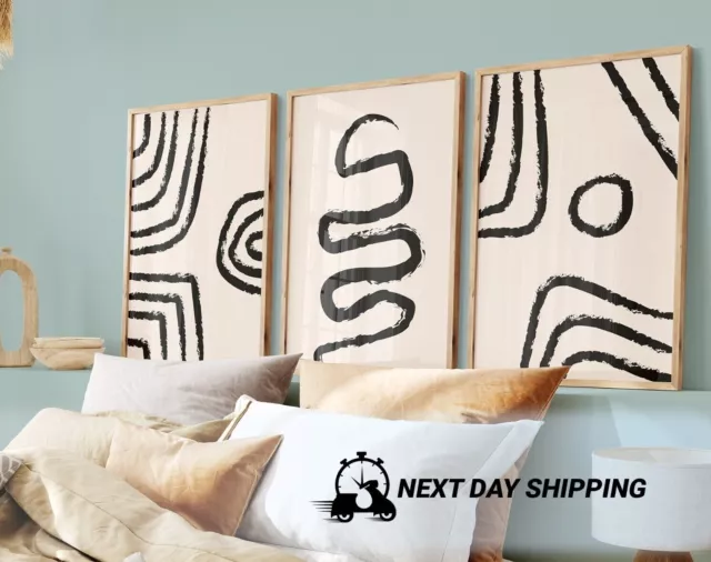 3 piece Framed Canvas Wall Art Modern Abstract Boho Line Drawing Style Print Set