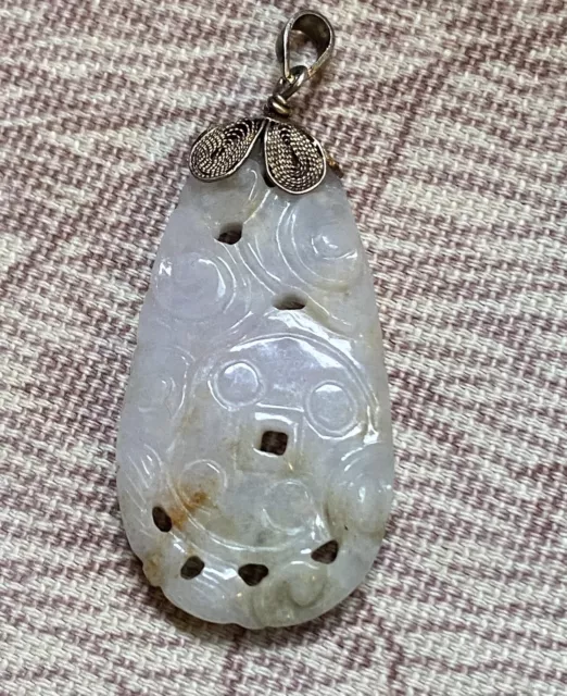 Vintage White Jade Carved Pendant, Chinese Silver Filigree Bale, Coin Ruyi Motif