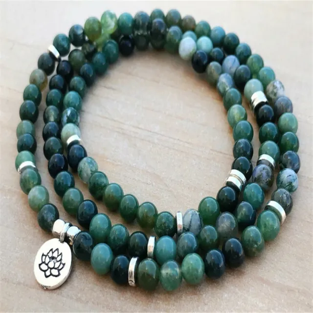 6MM Moss Agate Bracelet 108 Beads Lotus Pendant Healing Energy Wrist
