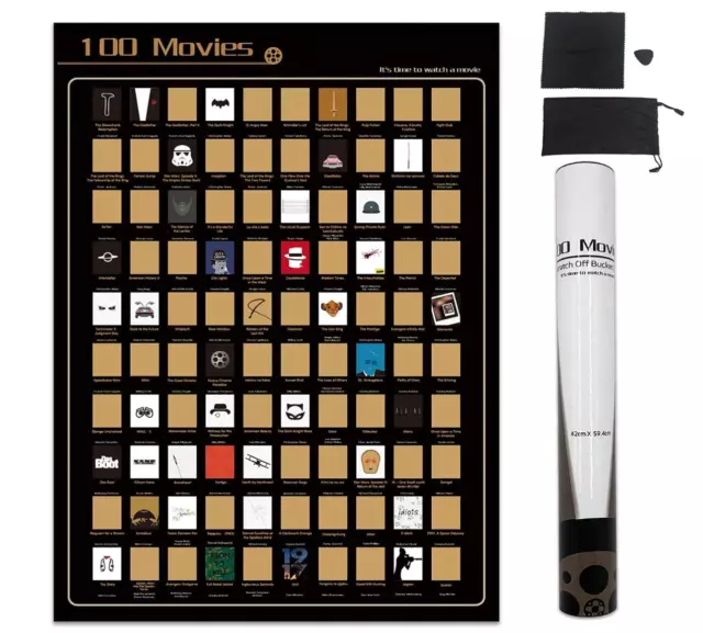 100 Movies Scratch Off Poster-Top Films All Time Bucket List Black Contemporay
