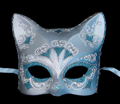 Mask from Venice Cat Silver Florale Heart Sky Blue Painted Hand Italy 22642