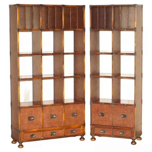 Pair Of Crocodile Leather Open Library Bookcases With Drawers & Record Slots