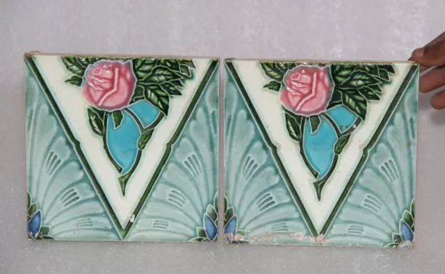 2Pc Vintage Fine Colourful Rose Flower Embossed Ceramic Tile Décor, JAPAN 14362