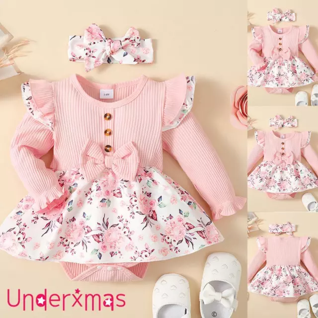 Newborn Baby Girls Floral Ribbed Long Sleeve Romper Dress Headband Outfit Set