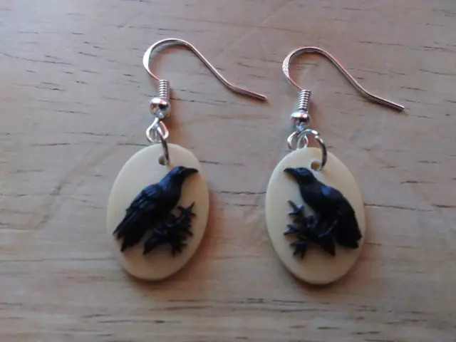 Black Crow Raven Bird Cameo Earrings 925 Sterling Silver Halloween Gothic