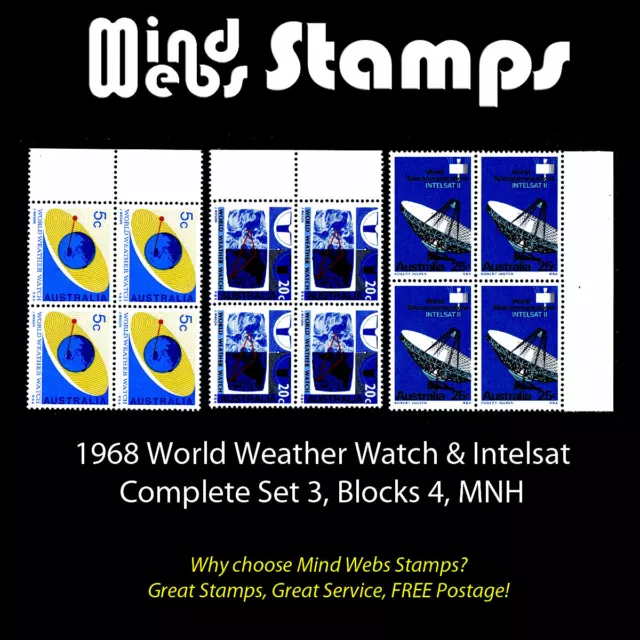 Australian Decimal Stamps 1968 WWW & Intelsat, Set 3 Marginal Blocks 4, MNH