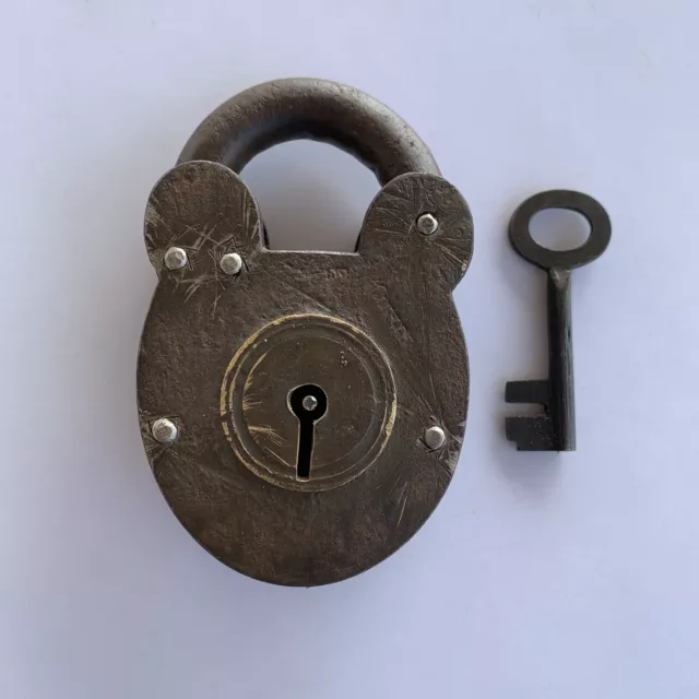Iron smoke-house padlock or lock with key, old or antique, strong fitting.
