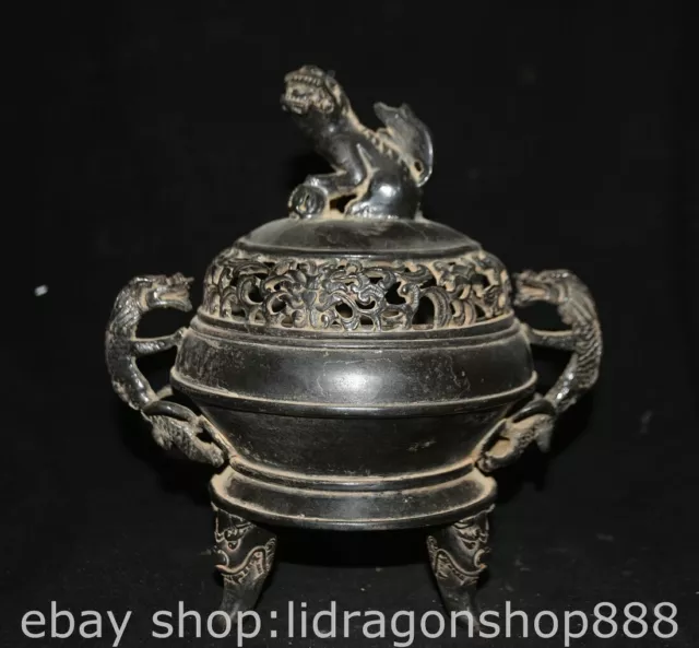 8.6" Marked Chinese Copper Dynasty Lion Beast handle censer incense burner