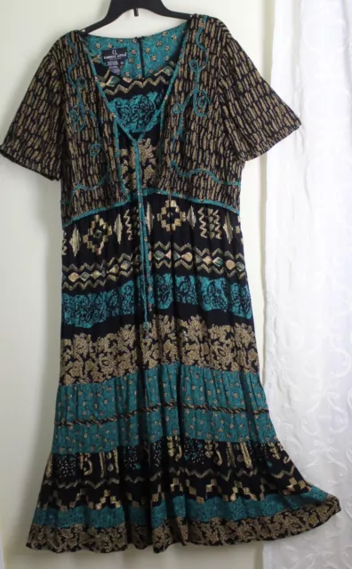 Carole Little Sz 16 XL Green Black Rayon Southwest Gypsy Art-to-Wear Long Dress