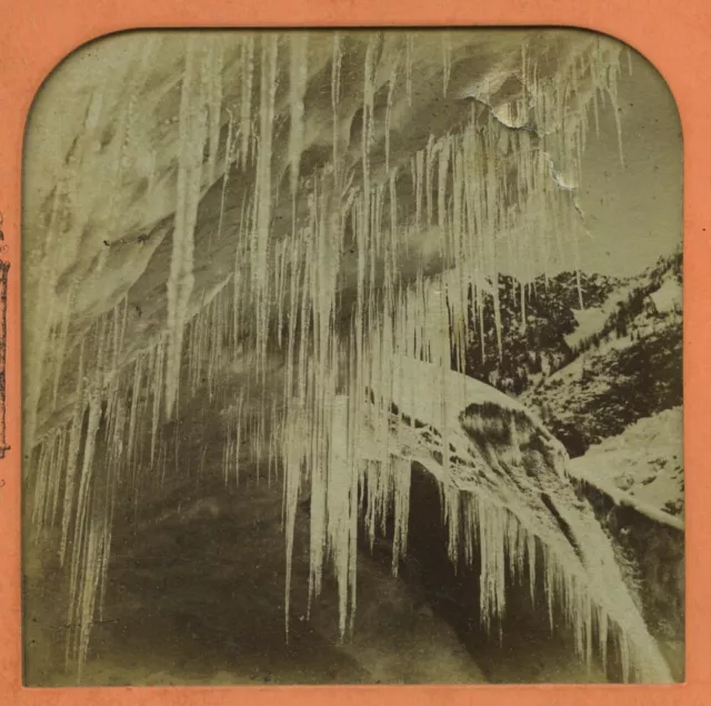 Suisse source de l'Arveiron Stalactites de glace Stereo Photo Polyramique 1865