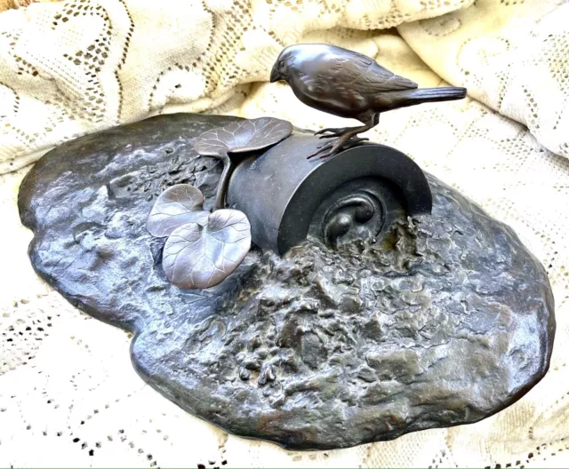 Antique Sparrow Roof Tile water lily pad Bird Bronze Meiji Sculpture Okimono 13"
