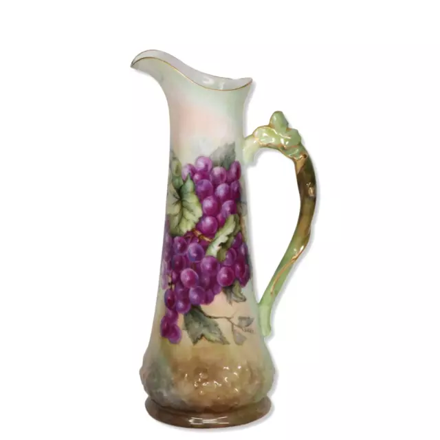 Tressemann Vogt TV Limoges 12.5” Ewer Pitcher HP Grapes Leaf Handle Signed 1903