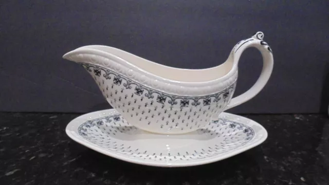 Vintage Spode Copeland England Ermine Gravy Boat Underplate Attached Black HTF