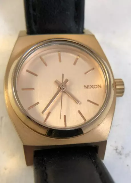 NIXON Vintage Women's Watch The Small Time Teller Rose Gold Tone Black Strap