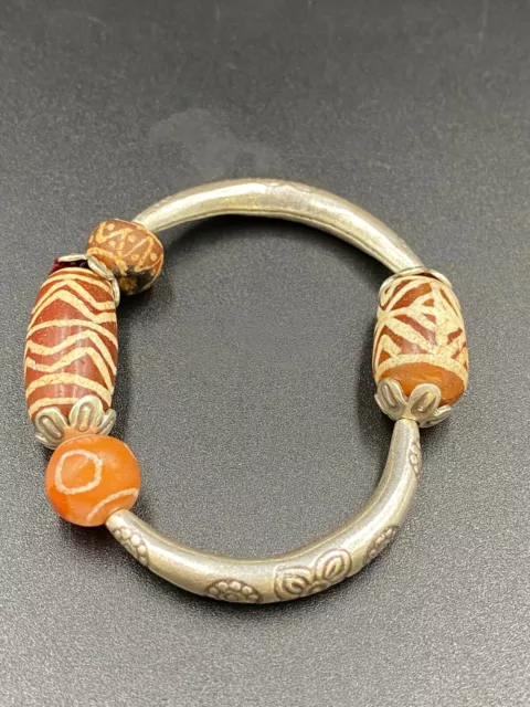Antique Hand made silver Bracelet of Etch Carnelian Trible jewelry