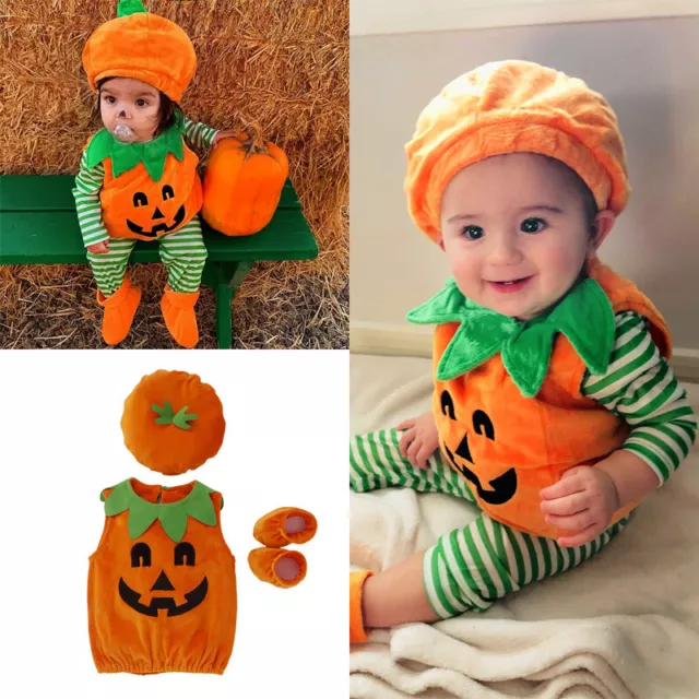 Newborn Baby Girl Boy Pumpkin Costume Romper Dress Shoes Hat Halloween Outfit