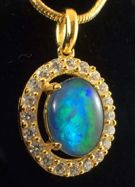 18ct Twice Gold Plated / Triplet Opal Necklace Pendant / Cubic Zirconias