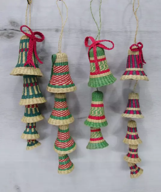 VINTAGE NESTING Woven Wicker Rattan Hanging Christmas Bells ORNAMENTS Set of 4