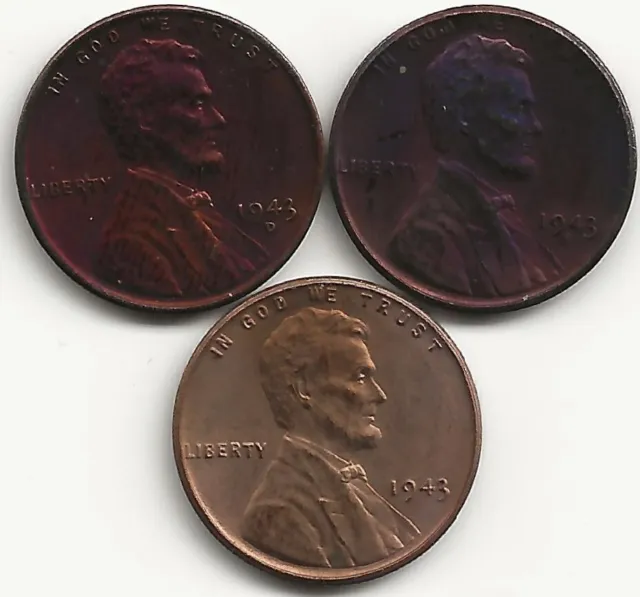 1943 P D S Lincoln Steel Wheat Cent Pennies Set of 3 Coins