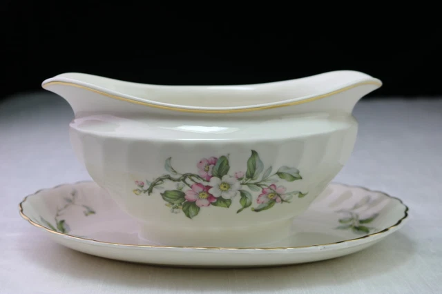 Apple Blossom Syracuse Gravy Boat USA 10 1/8 " Gold Rim Swirl Pattern MINT