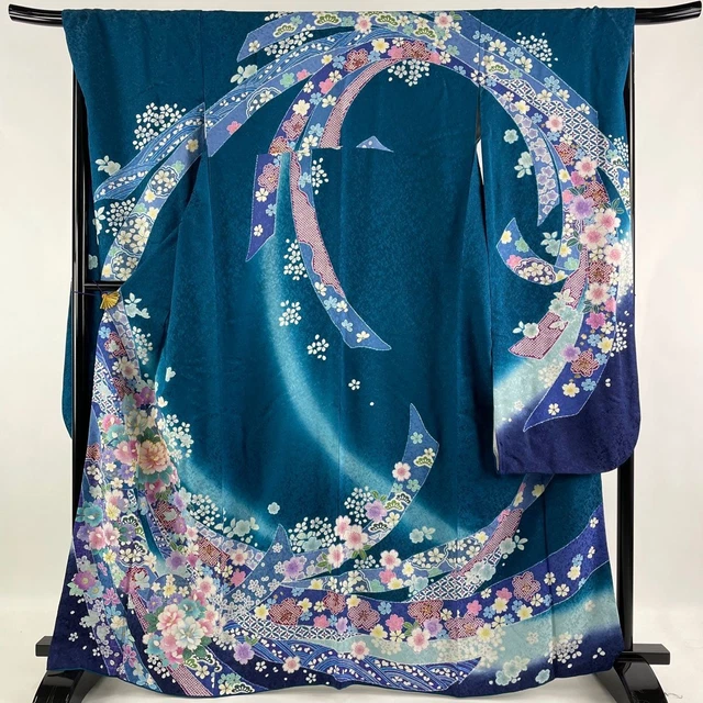Woman Japanese Kimono Furisode Flower Noshi Gold Thread Blue Green Silk 163cm