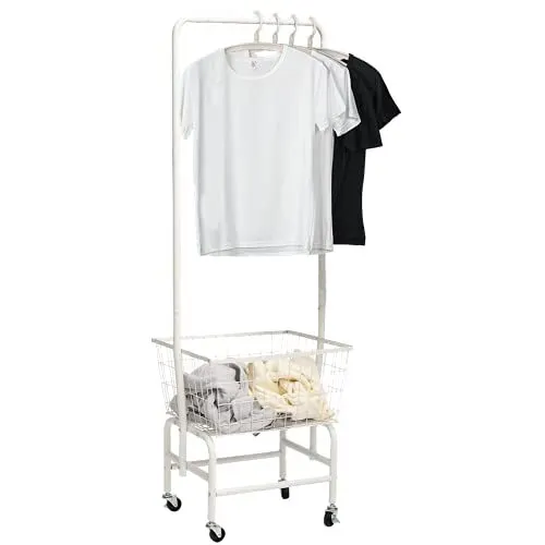 Rolling Laundry Hamper Basket Cart with Wire Storage Rack and Hanging Rack White