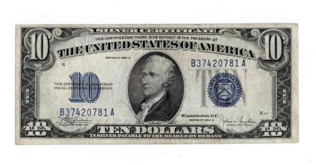 1934 C $10 Silver Certificate (BA Block) - VF